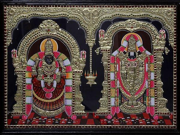 Exotic India Lord Balaji With Goddess Padmavathi Tanjore Painting | Traditional Colour With 24 Karat Gold | With Frame 