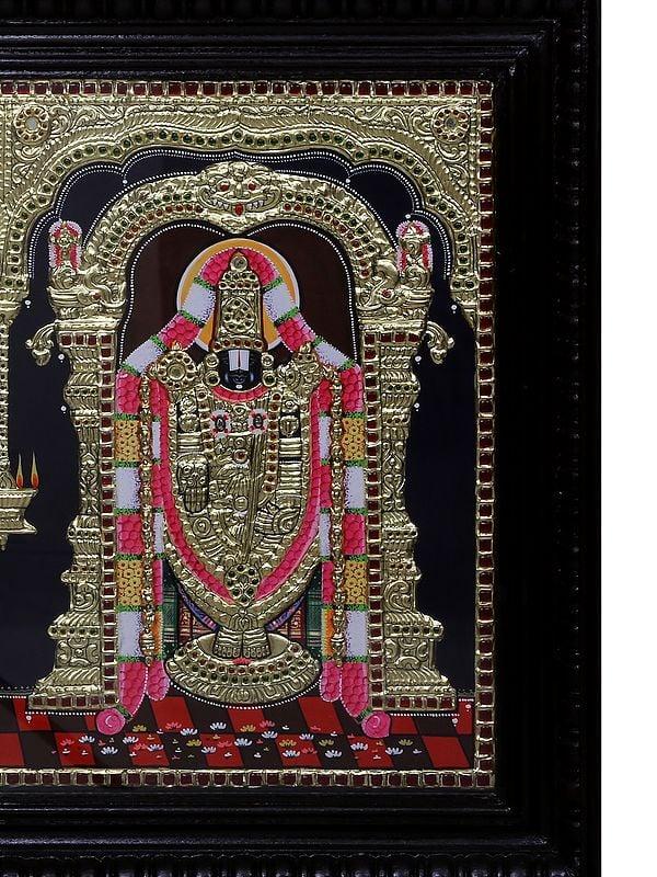 Exotic India Lord Balaji With Goddess Padmavathi Tanjore Painting | Traditional Colour With 24 Karat Gold | With Frame 