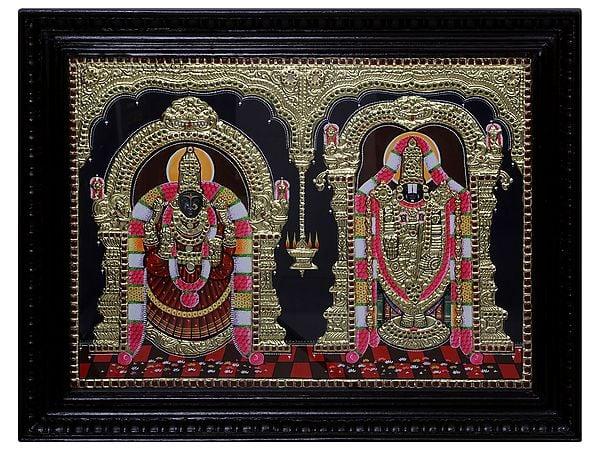 exotic india Lord Balaji with Goddess Padmavathi Tanjore Painting | Traditional Colour With 24 Karat Gold | With Frame 