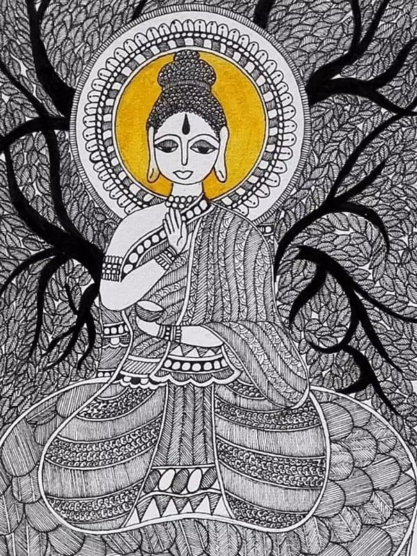 Exotic India Lord Buddha Madhubani Painting | Acrylic On Handmade Paper | By Pallavi 