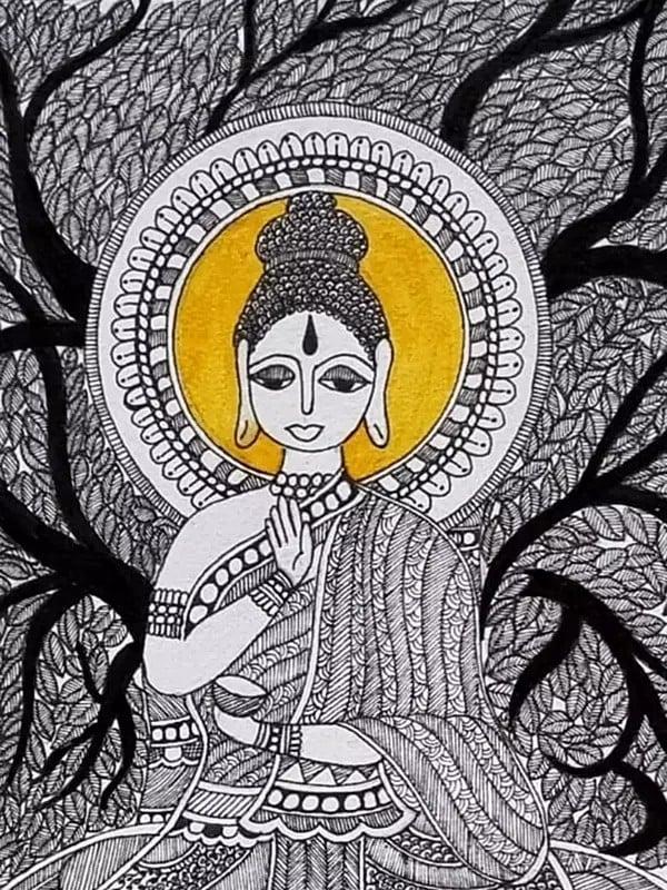 Exotic India Lord Buddha Madhubani Painting | Acrylic On Handmade Paper | By Pallavi 