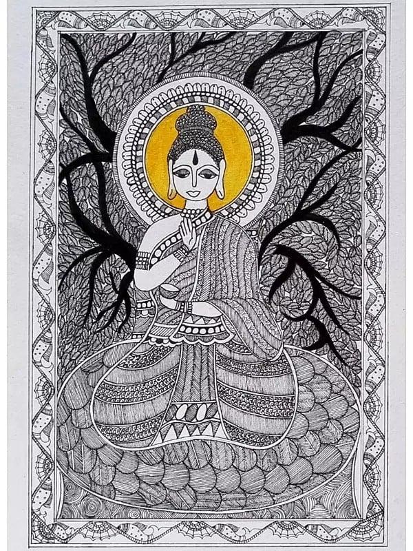 exotic india Lord Buddha Madhubani Painting | Acrylic On Handmade Paper | By Pallavi 