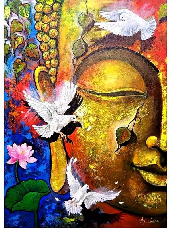 exotic india Lord Buddha With Bird | Acrylic On Canvas | By Arjun Das 