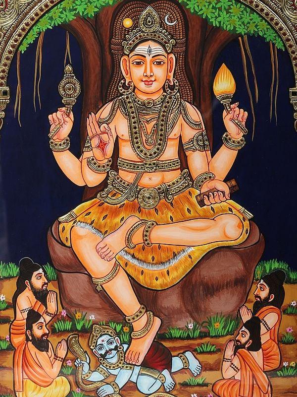 Exotic India Lord Dakshinamurthy - Shiva - Tanjore Painting | Traditional Colors With Gold Work | With Frame