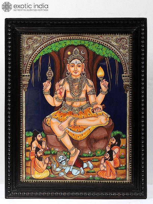 exotic india Lord Dakshinamurthy - Shiva - Tanjore Painting | Traditional Colors With Gold Work | With Frame