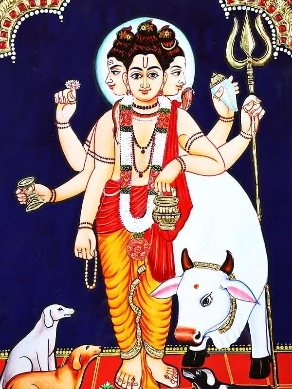 Exotic India Lord Dattatreya | 24 Karat Gold Work | Framed Tanjore Painting 