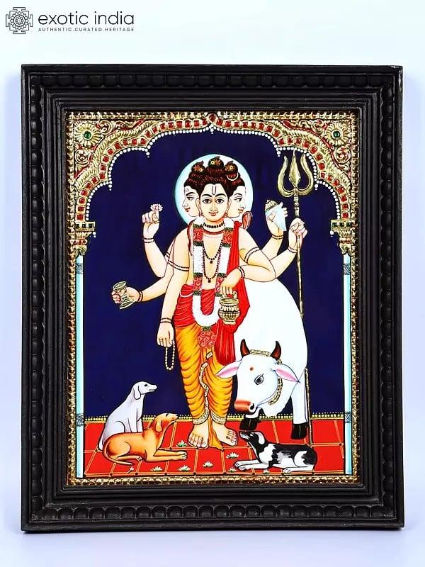 exotic india Lord Dattatreya | 24 Karat Gold Work | Framed Tanjore Painting 