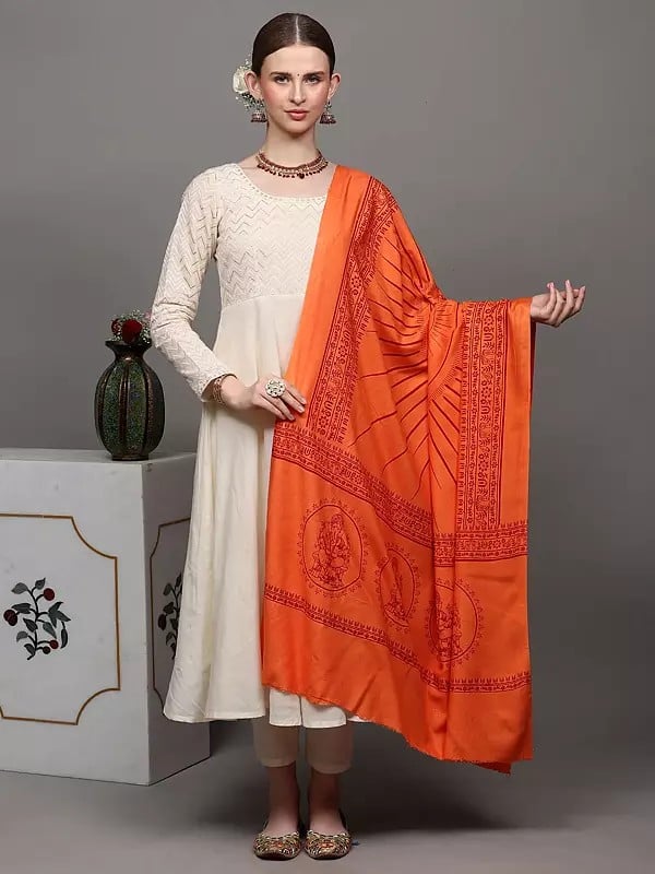 exotic india Lord Ganapati Printed Prayer Shawl | Hand Crafted Religious Clothes 