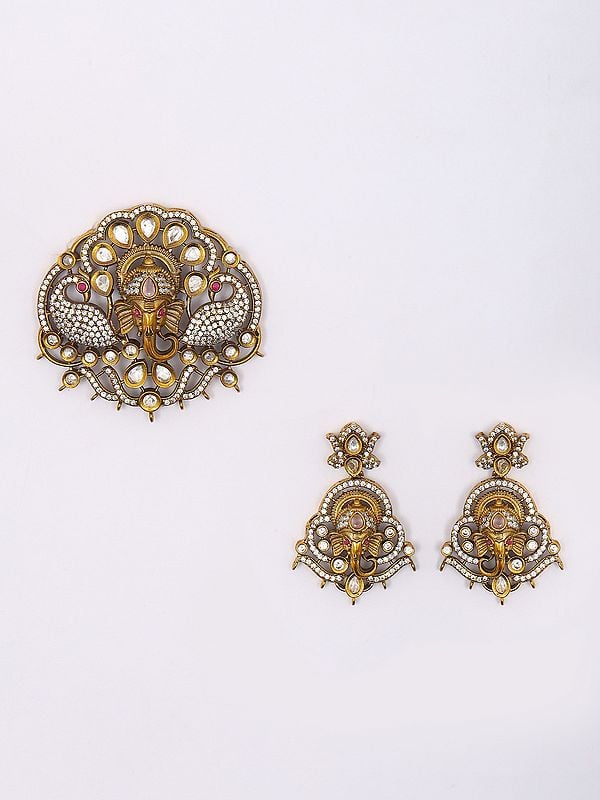 Exotic India Lord Ganesha Face Pendant And Earrings Set With Studded Stones
