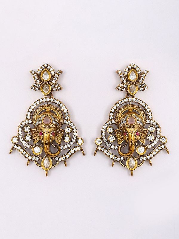 Exotic India Lord Ganesha Face Pendant And Earrings Set With Studded Stones