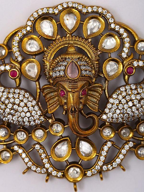 Exotic India Lord Ganesha Face Pendant And Earrings Set With Studded Stones