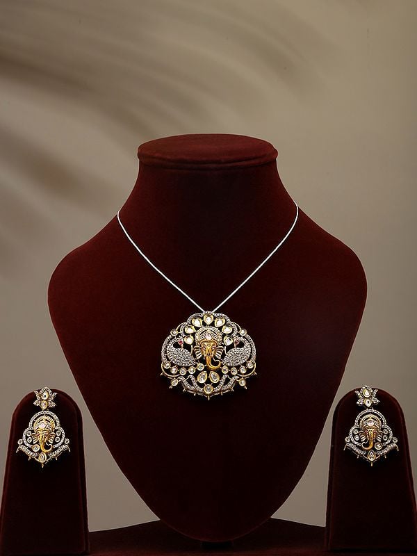 exotic india Lord Ganesha Face Pendant and Earrings Set with Studded Stones 