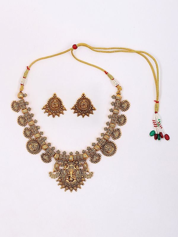 Exotic India Lord Ganesha Goddess Laxmi Temple Necklace And Earrings Set 