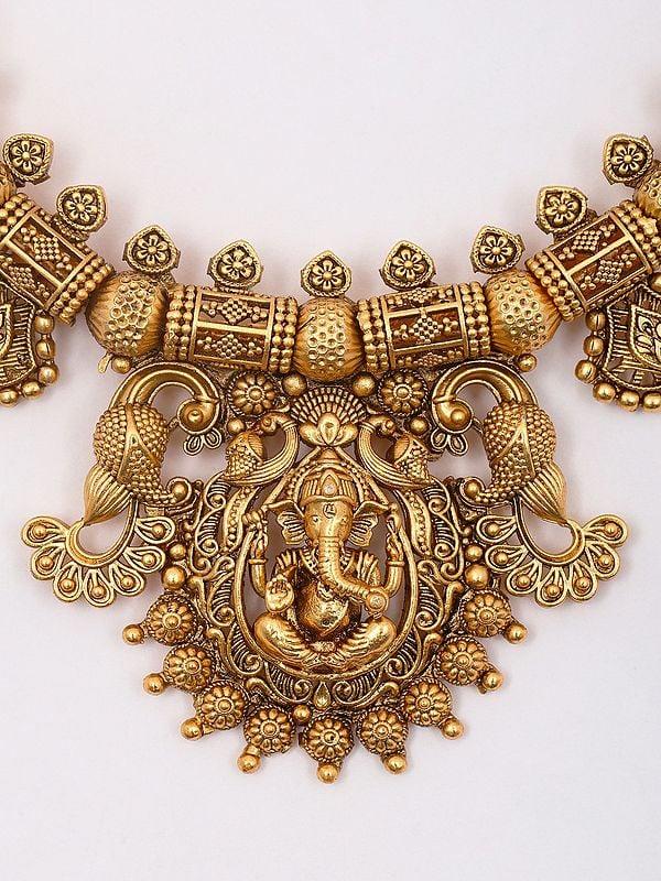 Exotic India Lord Ganesha Goddess Laxmi Temple Necklace And Earrings Set 