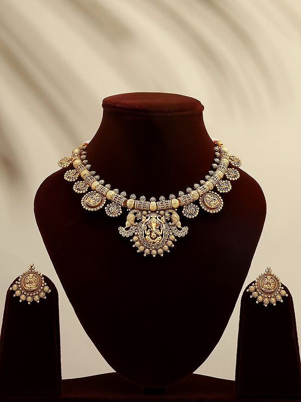 exotic india Lord Ganesha Goddess Laxmi Temple Necklace and Earrings Set