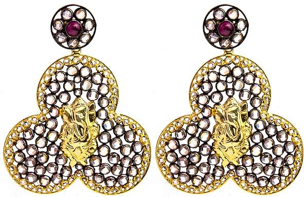 exotic india Lord Ganesha Gold Plated Earrings with Ruby