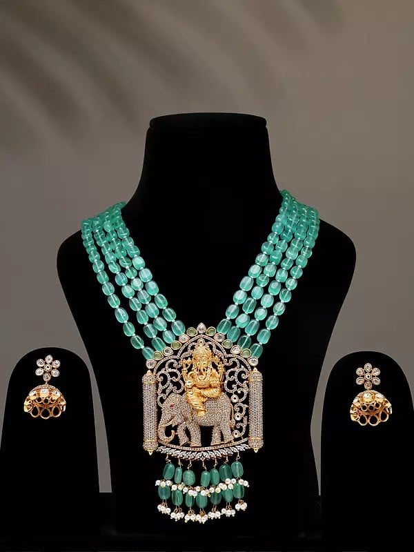 Exotic India Lord Ganesha Long Necklace And Earring Set With Multi Strand 