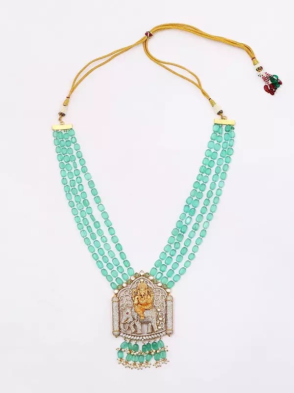 Exotic India Lord Ganesha Long Necklace And Earring Set With Multi Strand 
