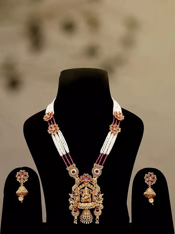 exotic india Lord Ganesha Long Necklace with Earrings Set 