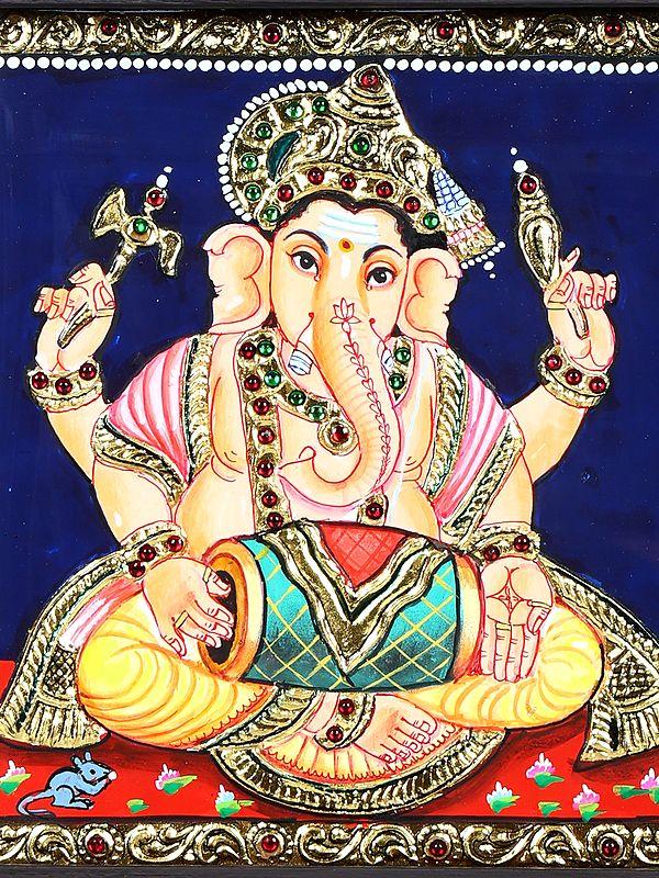 Exotic India Lord Ganesha Playing Dholak | 24 Karat Gold Work | Framed Tanjore Painting