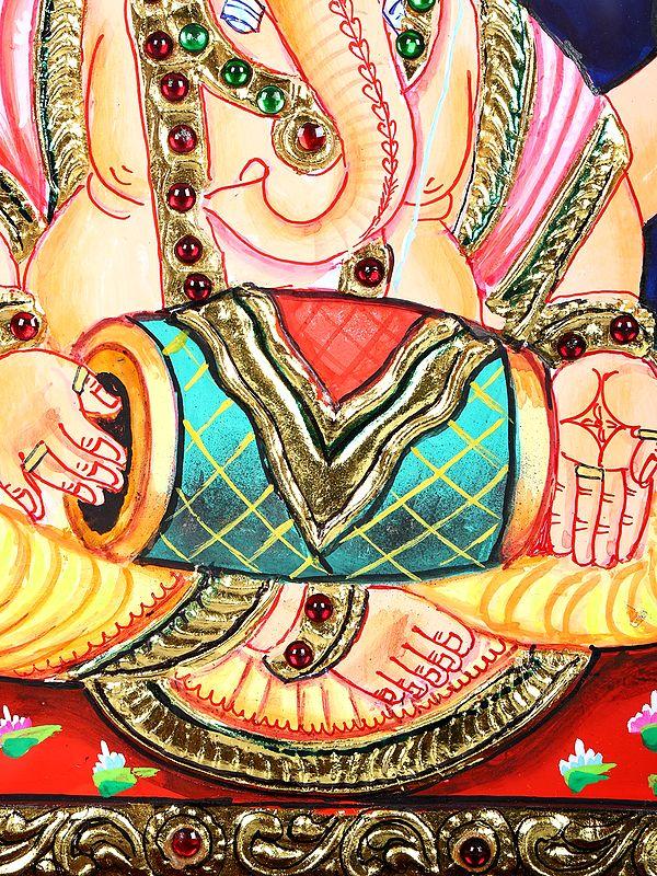 Exotic India Lord Ganesha Playing Dholak | 24 Karat Gold Work | Framed Tanjore Painting