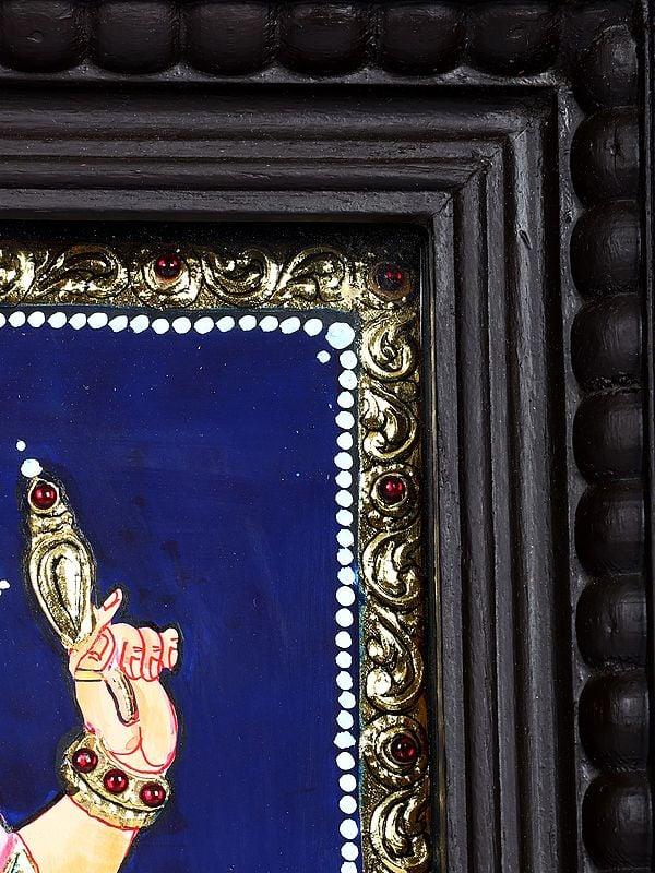 Exotic India Lord Ganesha Playing Dholak | 24 Karat Gold Work | Framed Tanjore Painting