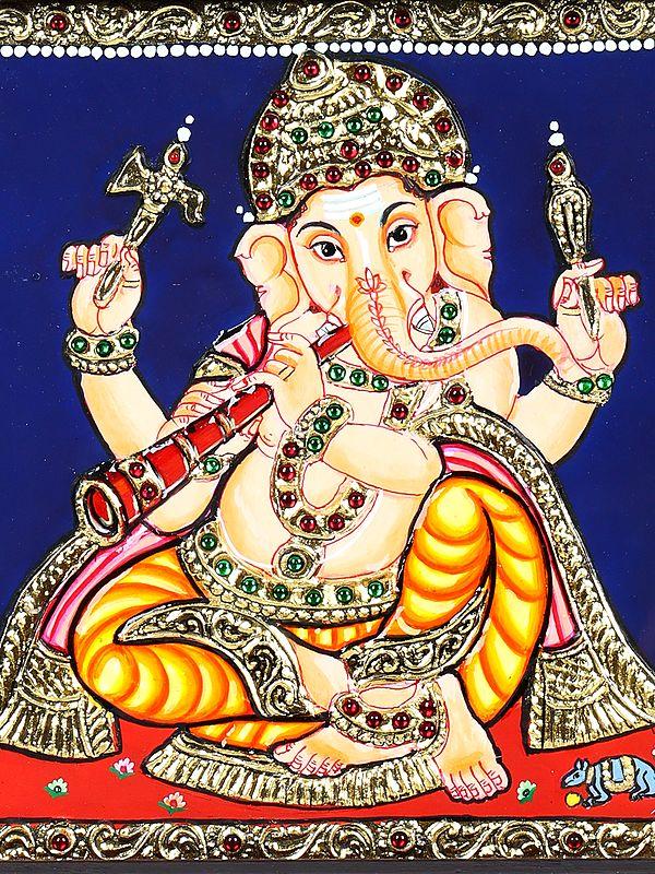 Exotic India Lord Ganesha Playing Mangal Vadya Shehnai | 24 Karat Gold Work | Framed Tanjore Painting