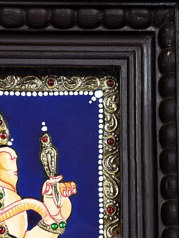 Exotic India Lord Ganesha Playing Mangal Vadya Shehnai | 24 Karat Gold Work | Framed Tanjore Painting