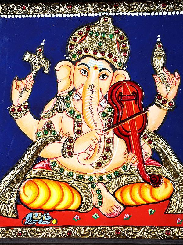Exotic India Lord Ganesha Playing Violin | 24 Karat Gold Work | Framed Tanjore Painting