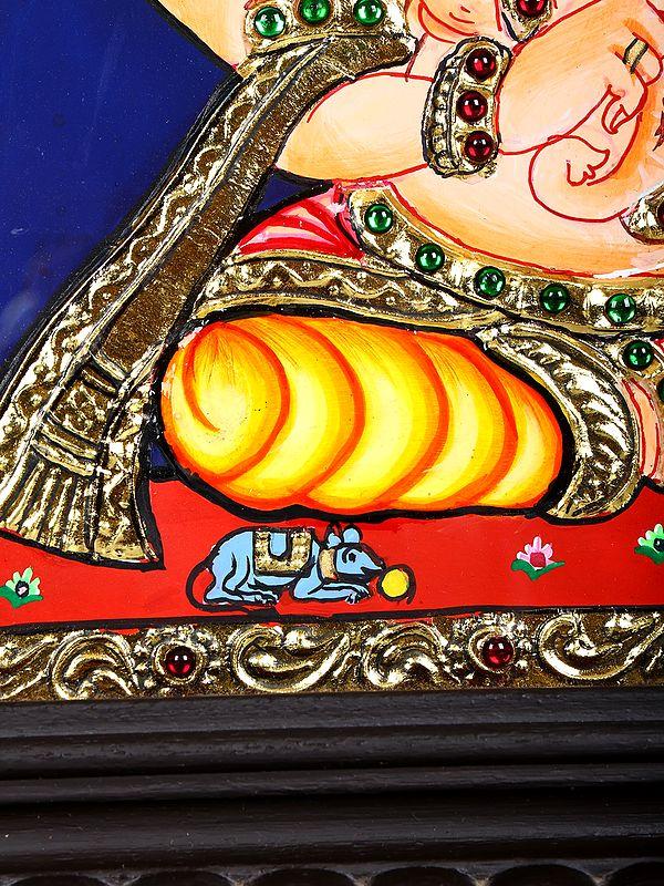 Exotic India Lord Ganesha Playing Violin | 24 Karat Gold Work | Framed Tanjore Painting