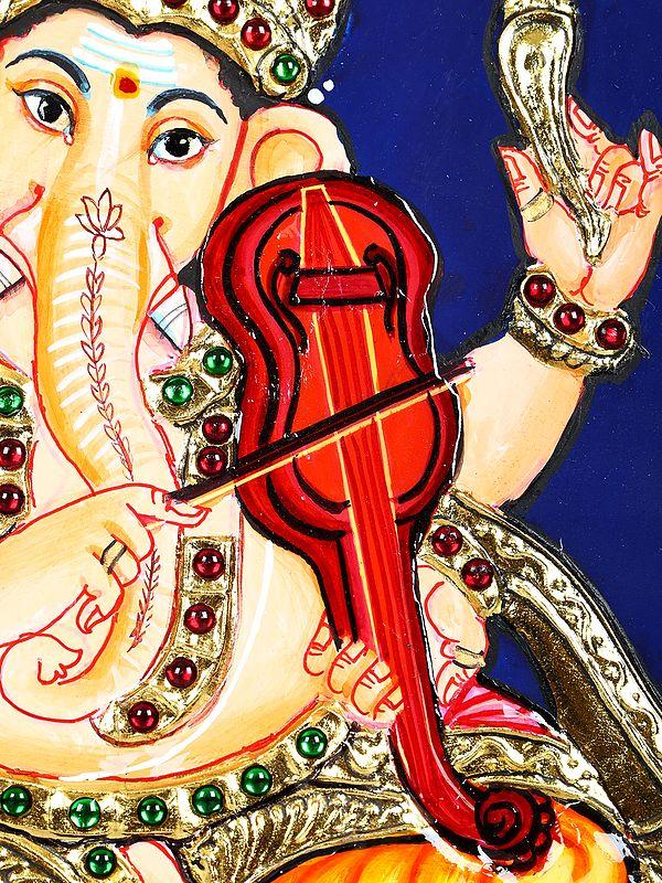 Exotic India Lord Ganesha Playing Violin | 24 Karat Gold Work | Framed Tanjore Painting