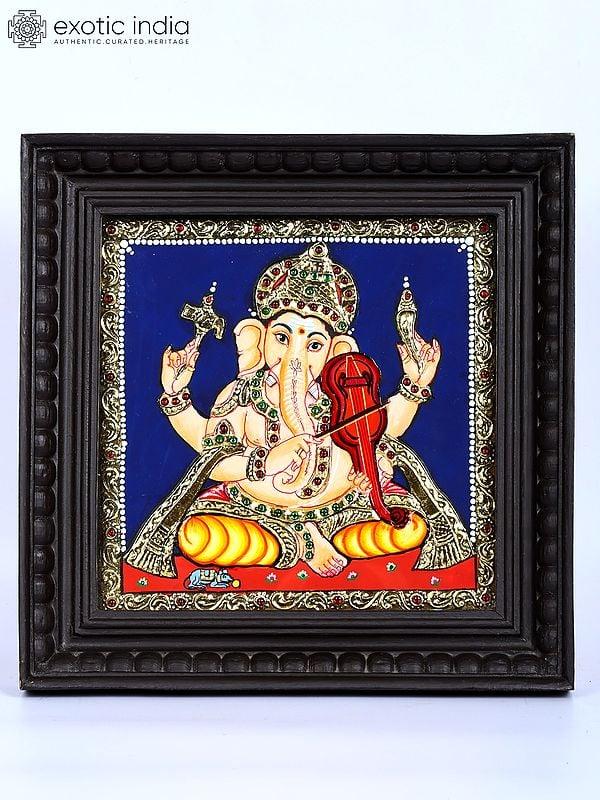 exotic india Lord Ganesha Playing Violin | 24 Karat Gold Work | Framed Tanjore Painting 