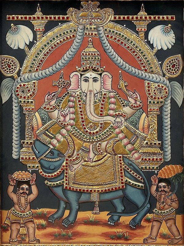 Exotic India Lord Ganesha Seated On A Rat Tanjore Painting | Traditional Colors With 24K Gold | Teakwood Frame | Gold & Wood | Handmade | Made In India 
