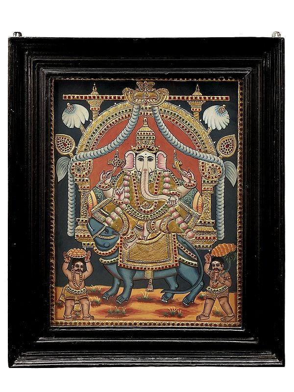 exotic india Lord Ganesha Seated on a Rat Tanjore Painting | Traditional Colors With 24K Gold | Teakwood Frame | Gold & Wood | Handmade | Made In India 