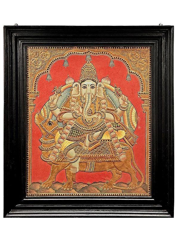 exotic india Lord Ganesha Seated on a Rat Tanjore Painting | Traditional Colors With 24K Gold | Teakwood Frame | Gold & Wood | Handmade | Made In India 