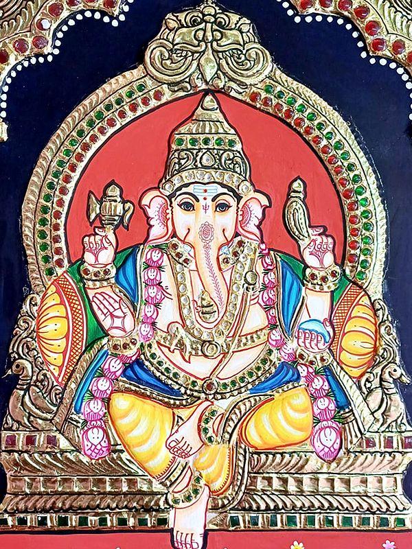 Exotic India Lord Ganesha Seated On Kirtimukha Asana | Tanjore Painting | Traditional Colors With Gold Work