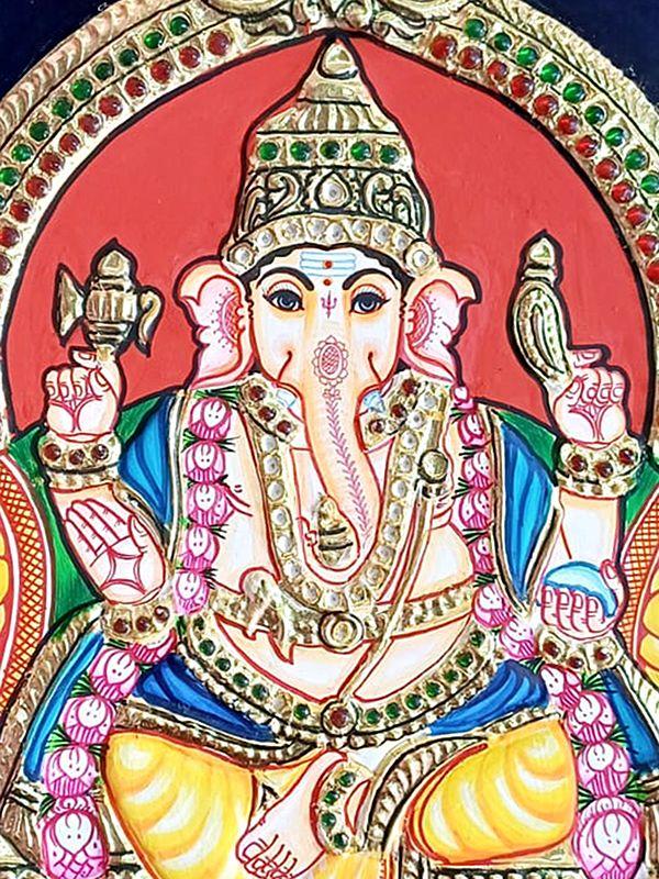 Exotic India Lord Ganesha Seated On Kirtimukha Asana | Tanjore Painting | Traditional Colors With Gold Work