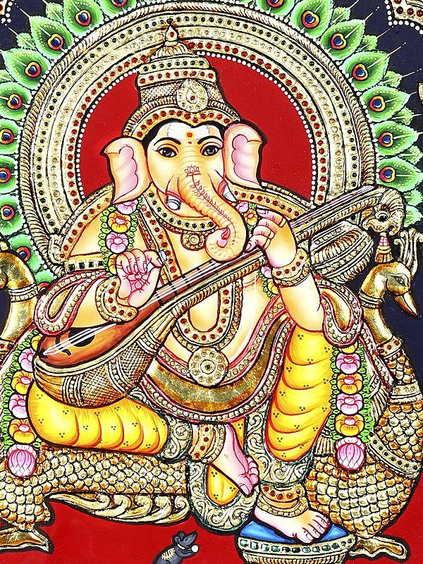 Exotic India Lord Ganesha Seated On Peacock Throne | 24 Karat Gold Work | Framed Tanjore Painting 