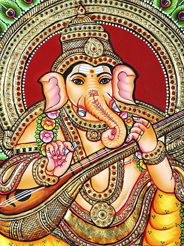 Exotic India Lord Ganesha Seated On Peacock Throne | 24 Karat Gold Work | Framed Tanjore Painting 