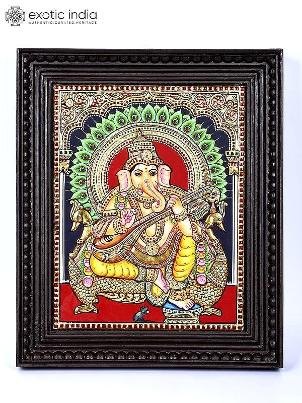exotic india Lord Ganesha Seated on Peacock Throne | 24 Karat Gold Work | Framed Tanjore Painting 