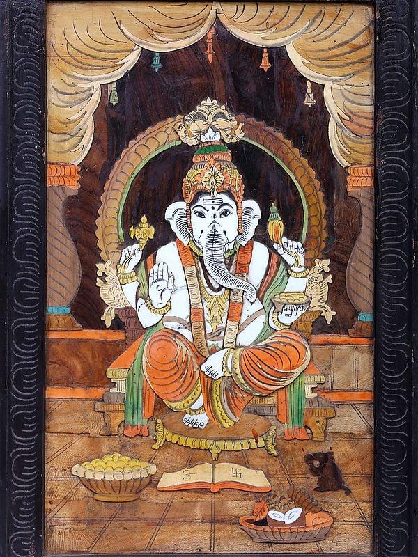 Exotic India Lord Ganesha Seated On Singhasan | Mysore Painting 