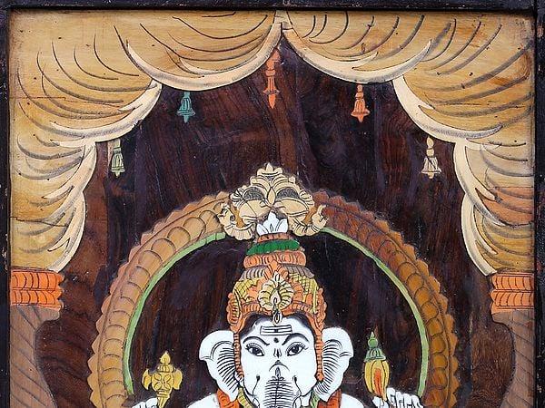 Exotic India Lord Ganesha Seated On Singhasan | Mysore Painting 