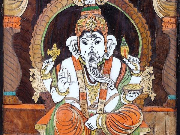 Exotic India Lord Ganesha Seated On Singhasan | Mysore Painting 