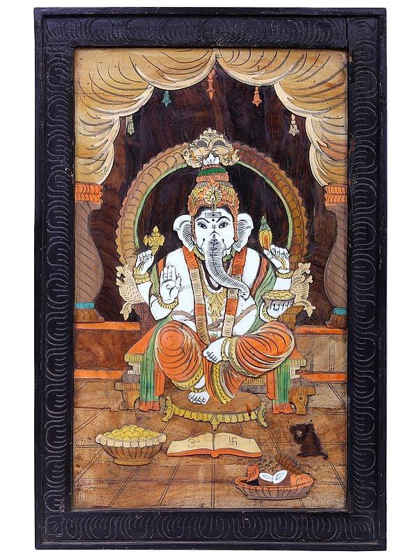 exotic india Lord Ganesha Seated on Singhasan | Mysore Painting 