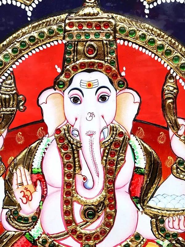 Exotic India Lord Ganesha Seated On Throne | 24 Karat Gold Work | Framed Tanjore Painting 