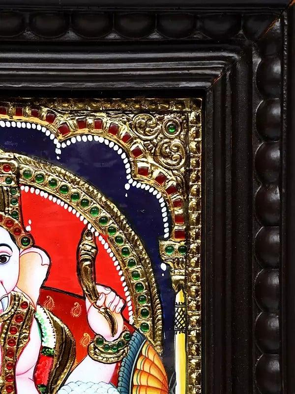 Exotic India Lord Ganesha Seated On Throne | 24 Karat Gold Work | Framed Tanjore Painting 