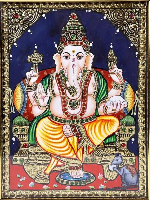 Exotic India Lord Ganesha Tanjore Painting With Frame