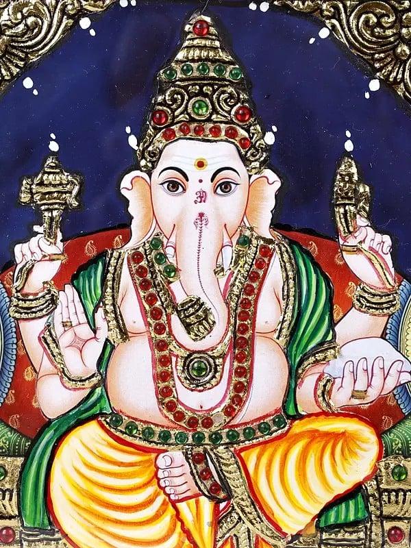 Exotic India Lord Ganesha Tanjore Painting With Frame