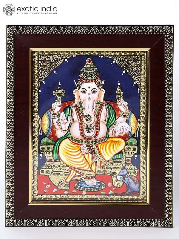 exotic india Lord Ganesha Tanjore Painting with Frame