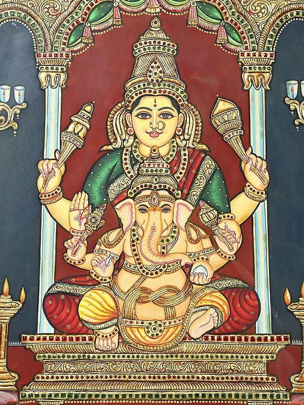 Exotic India Lord Ganesha With Devi Lakshmi | 24 Karat Gold Work | Framed Tanjore Painting 